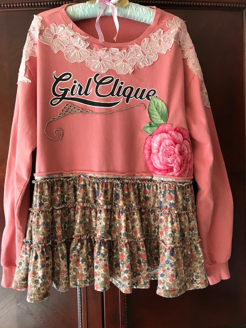 Boho Polo Girl Clique Top Shabbed Rose Vintage Rhinestone Accent Unique Cutie FREE Size