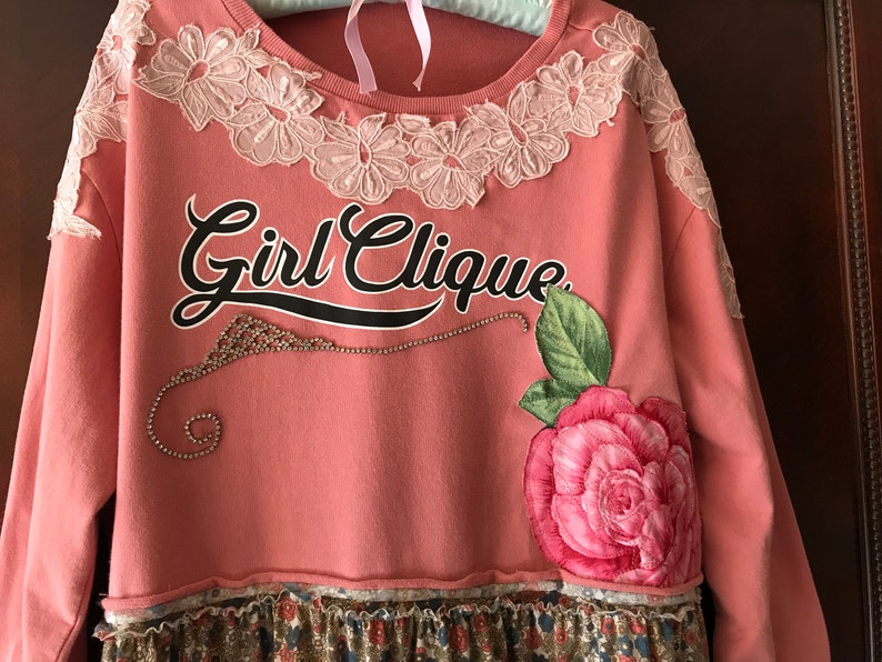 Boho Polo Girl Clique Top Shabbed Rose Vintage Rhinestone Accent Unique Cutie FREE Size