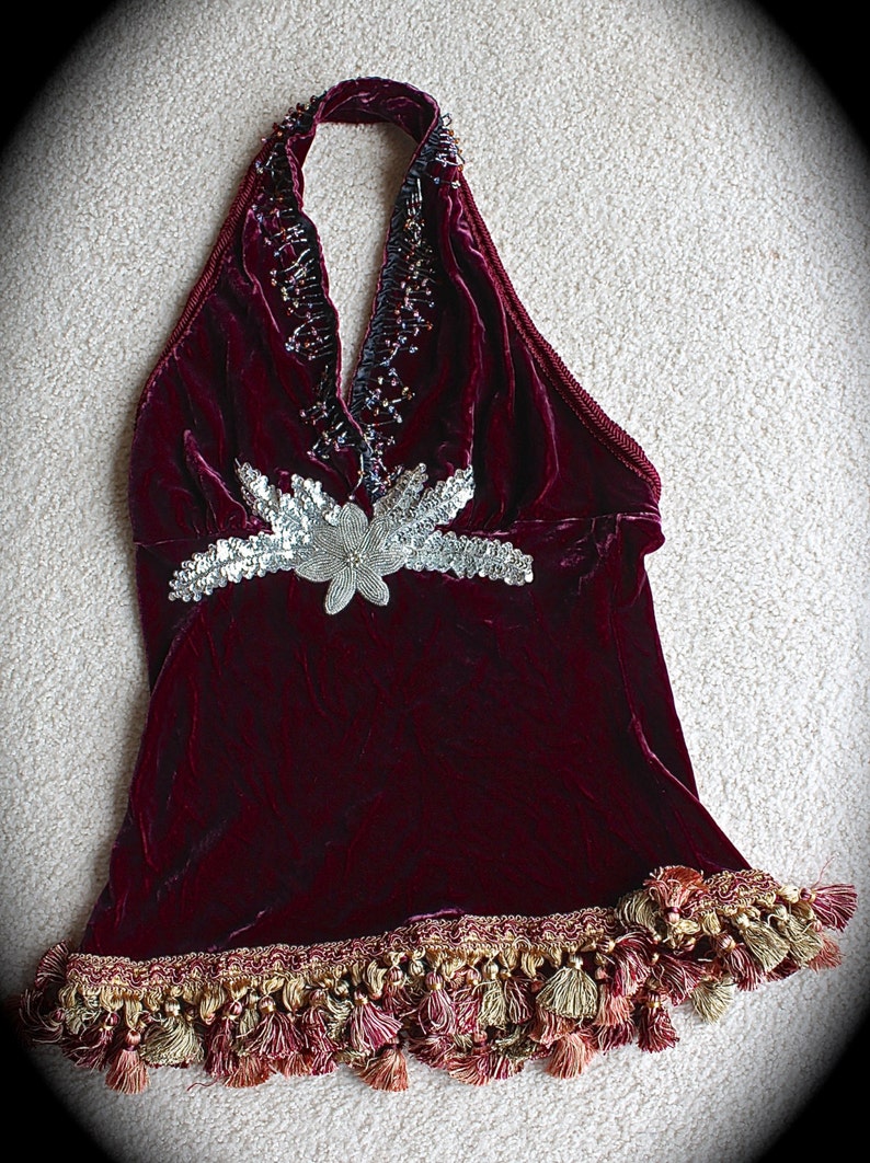 Bohemian Burlesque Velvet Beauty Halter Top Romantic Drop Dead Beautiful Large Size Unique OOAK