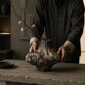 Wabi Sabi Ceramic Vase | Volcano Coarse Pottery Style | Brutalist Sculptural Home Decor | Japandi Statement Vase