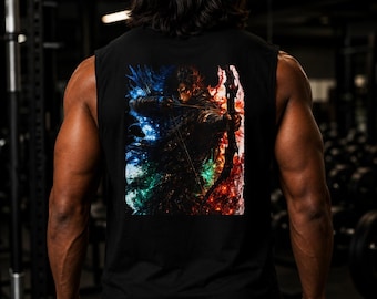 Camiseta sin mangas extragrande para hombre, estampado de arquero guerrero en la espalda, estilo urbano para gimnasio.