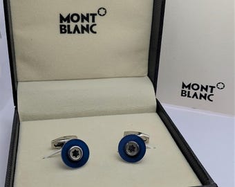 Montblanc Cufflinks with Silver And blue Detail and Box