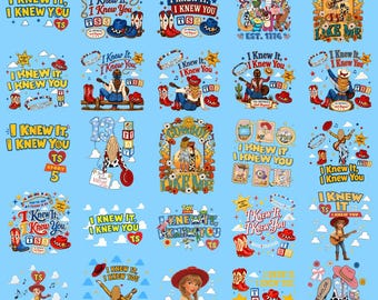 May include: A collection of twenty-five graphic designs featuring illustrations of a cowgirl, cowboy boots, hats, guitars, and stars. The text includes phrases like I KNEW IT, I KNEW YOU, COWBOY LIKE ME, and TS5, set against a light blue background.