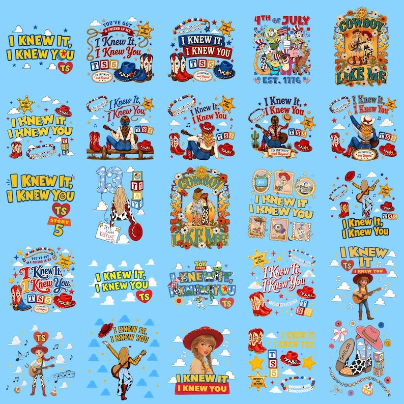 K&ouml;nnte beinhalten: Eine Sammlung von f&uuml;nfundzwanzig Grafikdesigns mit Illustrationen einer Cowgirl, Cowboystiefeln, H&uuml;ten, Gitarren und Sternen. Der Text enth&auml;lt Phrasen wie I KNEW IT, I KNEW YOU, COWBOY LIKE ME und TS5, vor einem hellblauen Hintergrund.