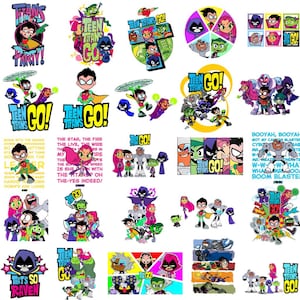 Pode incluir: Uma coleção de autocolantes coloridos Teen Titans Go! com personagens animados, incluindo Robin, Starfire, Raven, Beast Boy e Cyborg em várias poses de ação, fotos de grupo e retratos individuais com texto em negrito e elementos gráficos.