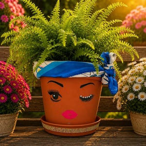 Puede incluir: Una maceta de terracota con un rostro pintado que muestra un ojo abierto y otro guiñando decorado con pequeños diamantes de imitación. La maceta tiene labios de color rosa brillante, un pañuelo de seda azul estampado y una banda de pedrería dorada.