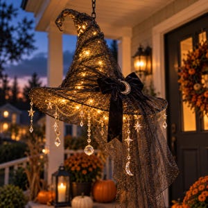 Hanging Witch Hat Light, Black Mesh Halloween Decor with Crystal Charms, Battery LED String Lights, Soft Gauze Porch Accent for Home Decor