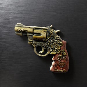 Vintage Revolver Fridge Magnet, Floral Engraved Corsica Souvenir Pistol, Western Rustic Kitchen Decor, Handcrafted Resin Antique Gun Gift