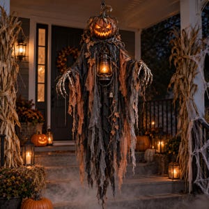 May include: A hanging Halloween decoration featuring a glowing jack-o'-lantern head atop a tattered, layered black and orange fabric cloak. The figure has skeletal hands and holds a metal lantern, creating a spooky, layered appearance.