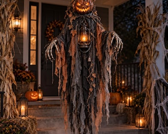 Lighted Pumpkin Ghost Hanging Halloween Decor, Large Porch Wraith Decoration with Glowing Lantern, Skeleton Hands, Spooky Yard Party Display