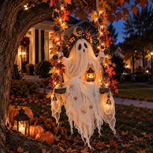 May include: A ghost figure draped in white fabric with star and moon accents sits on a wooden swing decorated with autumn leaves and string lights. The ghost holds a small glowing jack-o'-lantern lantern, while small bells hang from the swing seat.