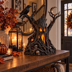May include: A dark, textured tree sculpture featuring a hollow, glowing interior with a menacing face, multiple small skulls embedded in the roots, a black raven perched on a branch, and a golden crescent moon at the top of the gnarled tree limbs.