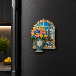 Könnte beinhalten: Ein dekorativer Kühlschrankmagnet mit einem bogenförmigen Fensterblick auf den Eiffelturm in Paris. Eine blaue Vase mit gelben, rosa und blauen Blumen steht im Vordergrund. Das Wort Paris ist in goldenen Buchstaben auf der Vase aufgedruckt.