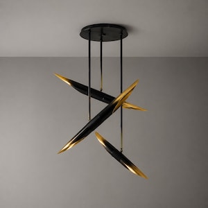 Sculptural Brass Black Wood Chandelier, Contemporary Linear Pendant Light Fixture