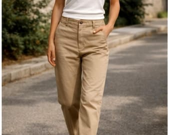 Pantaloni da donna in cotone con elastico in vita, beige, pantaloni casual a vita alta, abbigliamento estivo minimalista