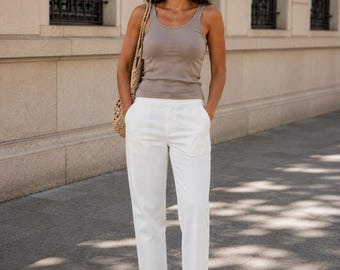 Pantaloni da donna in cotone bianco, gamba dritta, elastico in vita sul retro, pantaloni estivi minimalisti
