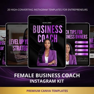Op de afbeelding: Een digitale marketingafbeelding met een vrouwelijke business coach. De afbeelding toont verschillende smartphoneschermen met de tekst "Business Coach", "Business Webinar" en "Level Up Your Strategy". De tekst "Female Business Coach Instagram Kit" is ook zichtbaar.