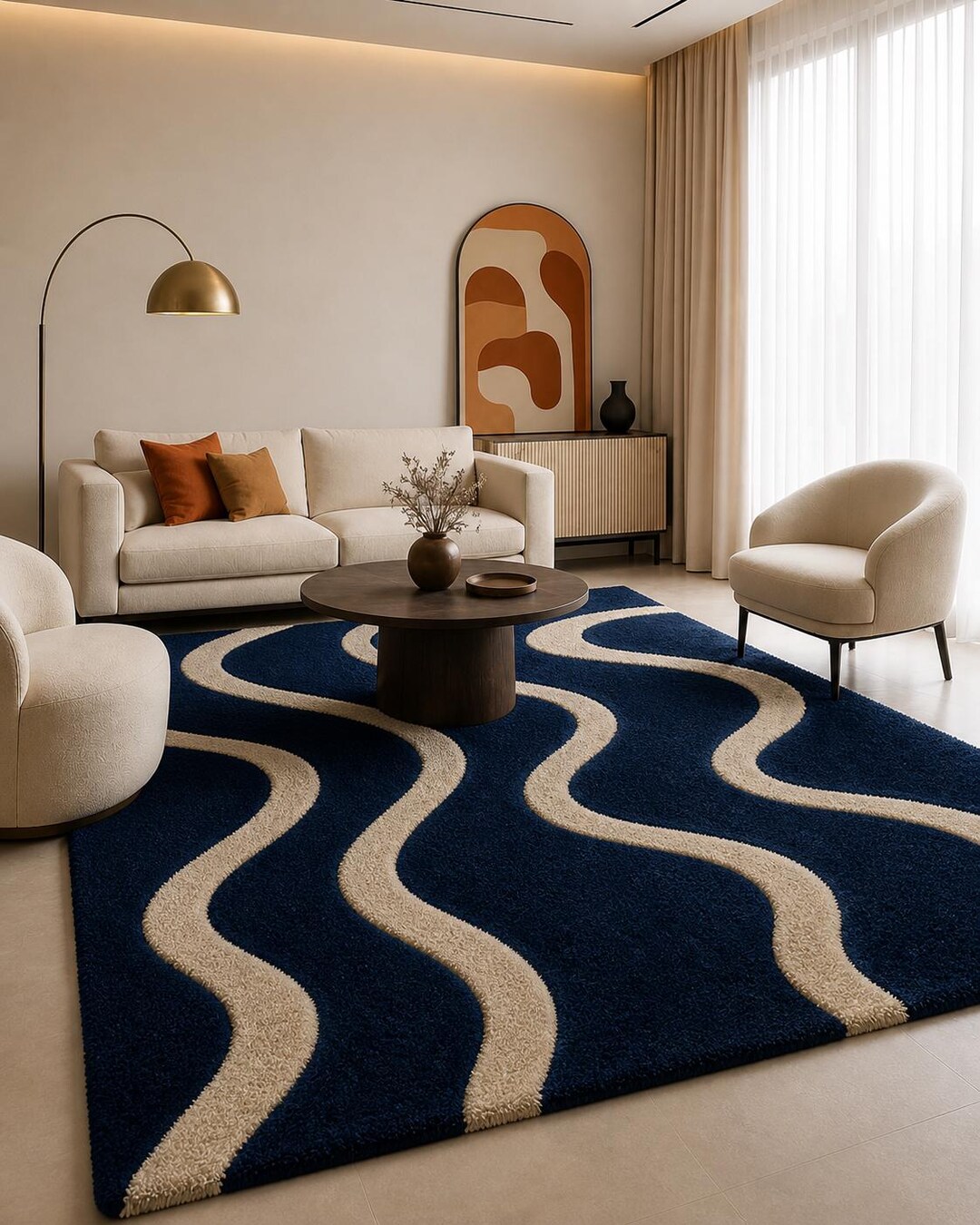 Modern Navy Blue & Cream Wavy Area Rug, Hand-tufted Wool Abstract ...