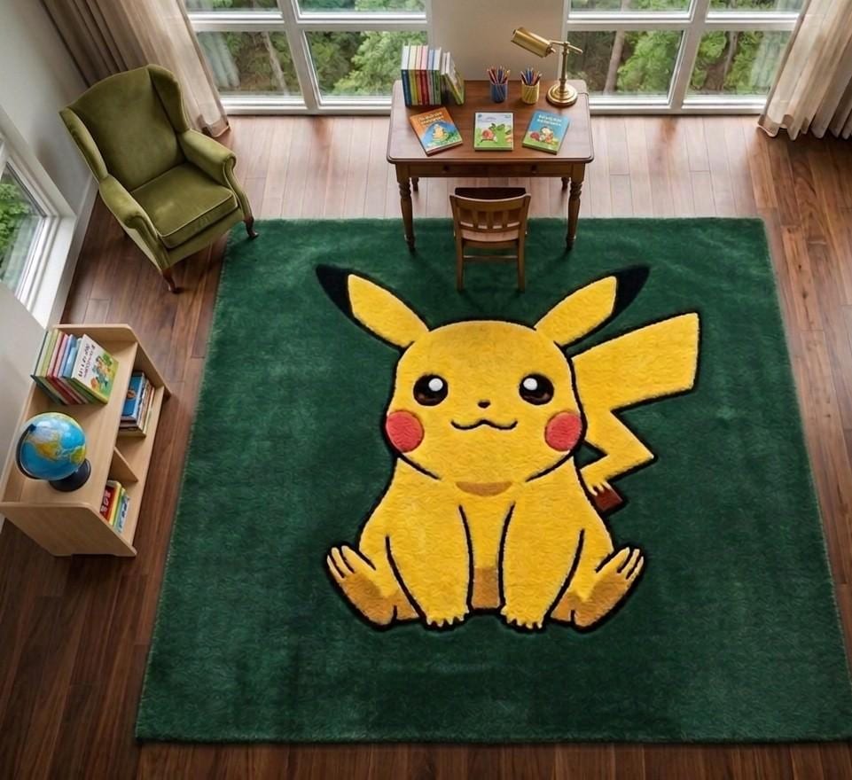 Hand Tufted Pikachu Wool Unique Pokémon Area for Kids Room Nursery