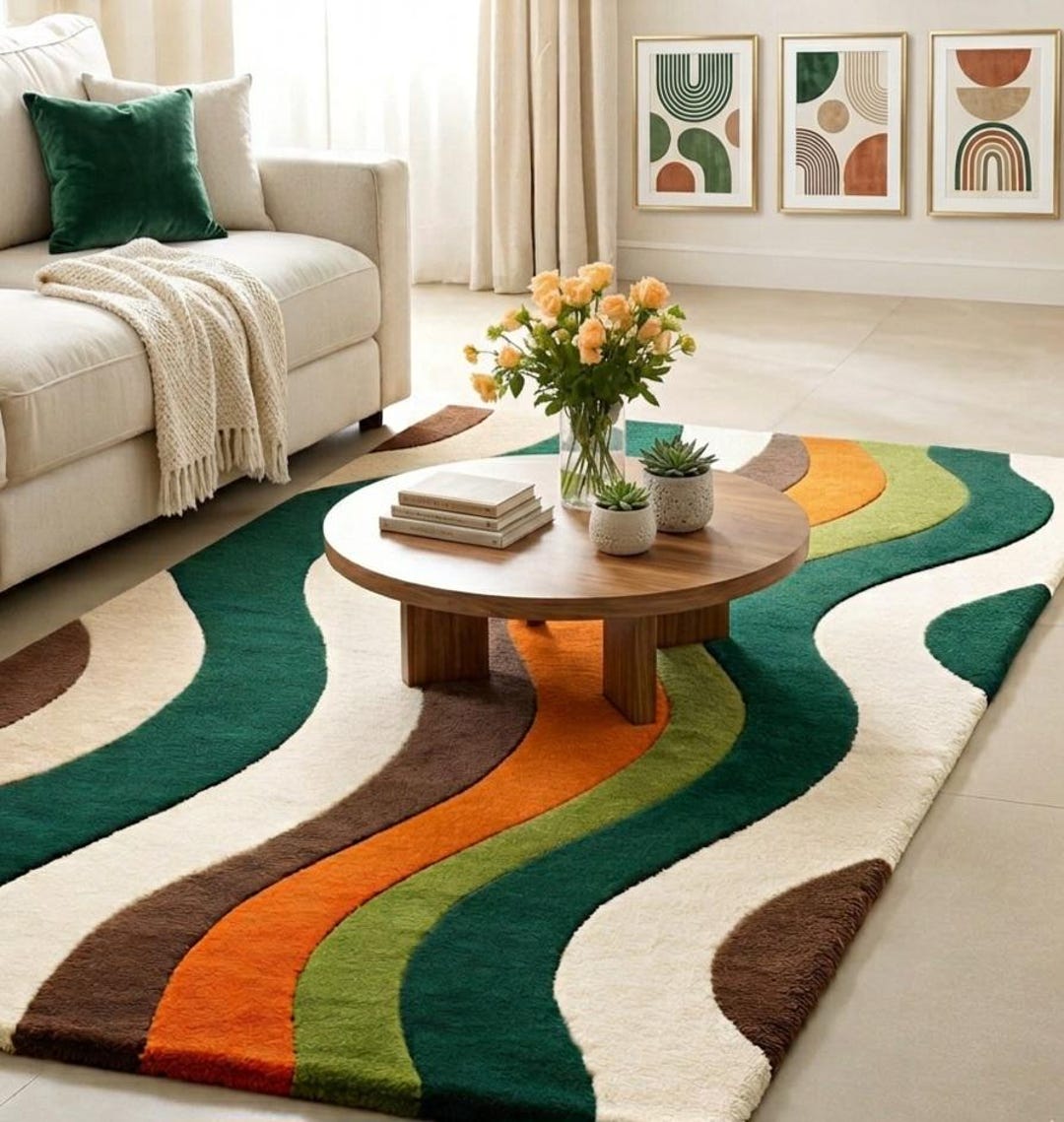 Abstract Area Rug, Pebble Pattern, Blue Green Beige Wool, Hand Tufted ...