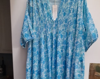Quinn dress in blue floral print,your flowy,cool travel fave.beautiful light cotton for staying cool.