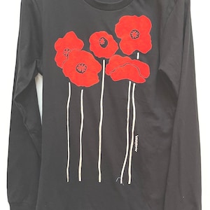 Poppies long sleeve tee hand printed USA cotton | vintage art style eco friendly silkscreen boutique exclusive by Marushka