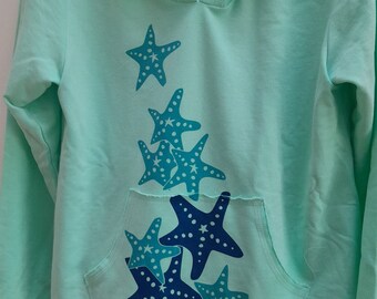 Marushka Starfish Raw Edge Pullover Hoodie - Hand Printed Mint color. Limited Stock! on SALE 1  small left, light weight and soft.