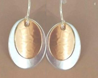 Marjorie Baer Two-Tone Dangle Earrings, Hammered Mixed Metal Artisan Jewelry