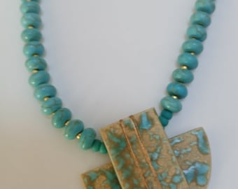 Artisan Ceramic & Turquoise Necklace | Carol Kent, Signed Studio Jewelry