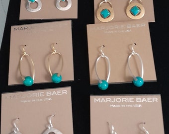 New Turquoise Earring collection by Marjorie Baer, light weight. San Francisco Artist clean beautiful craftsmanship. Price is for each pair.