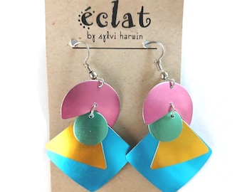 Dangle aluminum feather light brilliant anodized Earrings by Eclat CA artist.