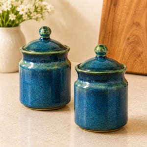 Barattolo in ceramica con smalto reattivo blu e coperchio, contenitore per alimenti, piccolo, per dispensa, decorazione da cucina.