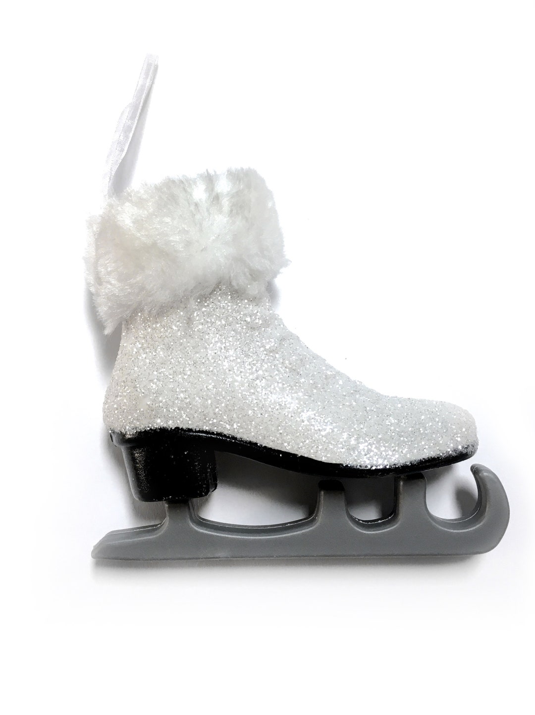 ICE SKATE ORNAMENT White Glitter Figure Skate With Fur Trim & Silver