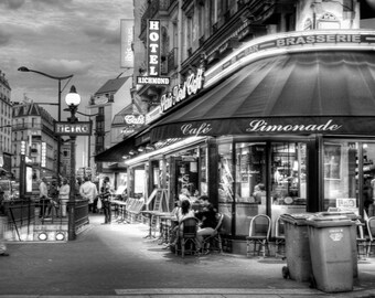 PARIS FRANCE CAFE Night Street Lights French Photographic Photo Print Black and White