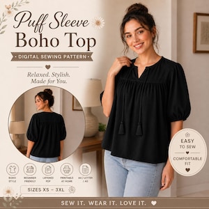 May include: A black puff sleeve top with a split neckline and two hanging tassels. The digital sewing pattern includes text: Puff Sleeve Boho Top, Digital Sewing Pattern, Relaxed. Stylish. Made for You., Easy to Sew, Comfortable Fit, Sizes XS-3XL.