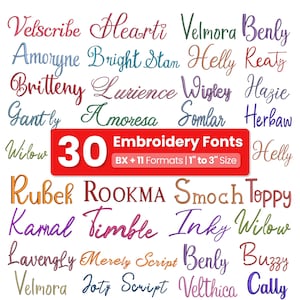 Könnte beinhalten: Eine digitale Anzeige von 30 Stickschriften in verschiedenen Farben und Schreibstilen. Ein zentrales rotes rechteckiges Banner zeigt den weißen Text 30 Embroidery Fonts, BX + 11 Formats | 2,54 cm bis 7,62 cm Größe, mit Beispielen wie Velscribe.