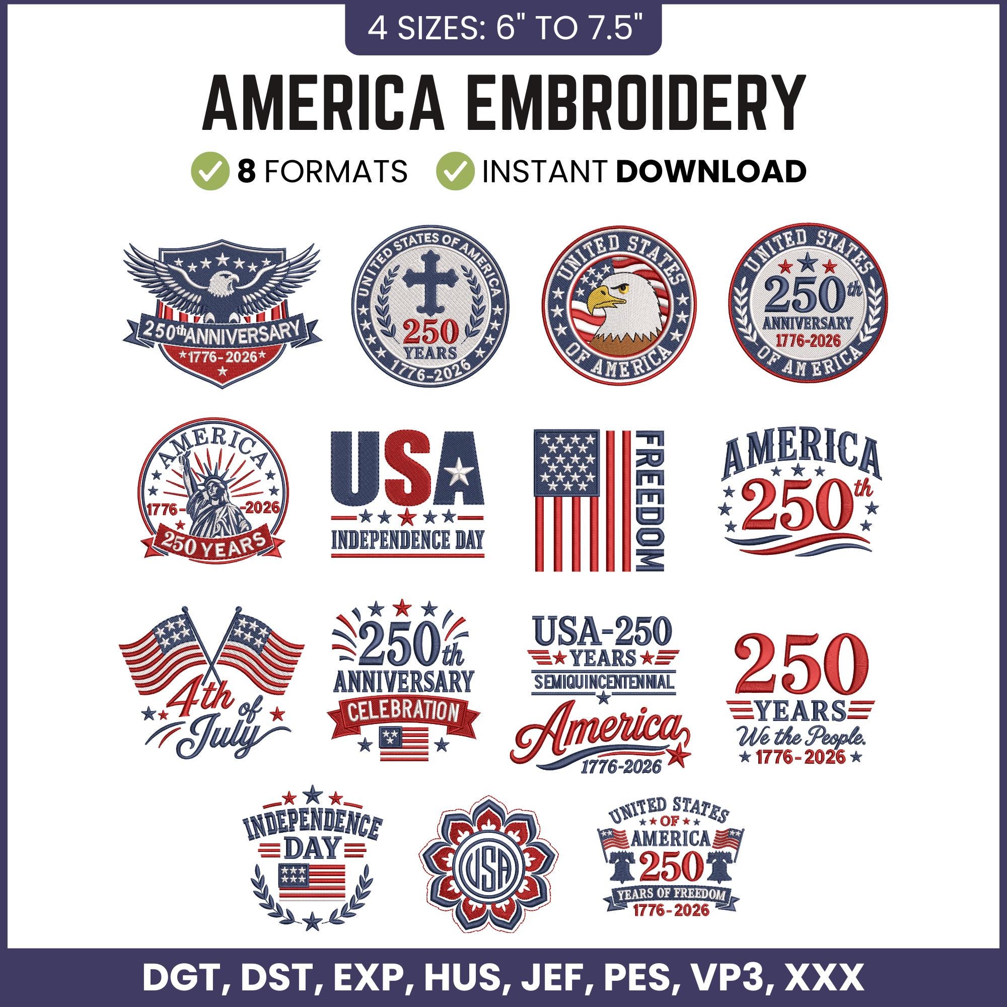 USA America 250th Birthday Embroidery Bundle, Patriotic Designs, God ...