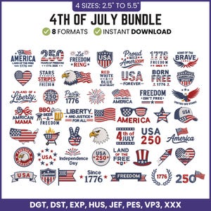 Könnte beinhalten: Eine Sammlung patriotischer Designs für den 4. Juli, mit der amerikanischen Flagge, Sternen und anderen patriotischen Symbolen. Enthält den Text "4th of July Bundle" und "Instant Download". Designs sind in 4 Größen von 6,35 cm bis 13,97 cm erhältlich.