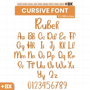 Op de afbeelding: Een borduur-alfabetset met een cursief lettertype in oranje. De afbeelding toont hoofdletters en kleine letters A-Z en cijfers 0-9. De tekst bevat DST, EXP, HUS, JEF, PES, SEW, PEC, XXX, VP3, +BX, CURSIVE FONT en 1 To 3.5 Inches.