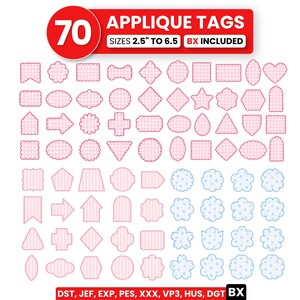 May include: A collection of 70 applique tags in various geometric and floral shapes, featuring pink gingham, pink striped, and light blue floral patterns. The top banner reads 70 APPLIQUE TAGS SIZES 2.5" TO 6.5 BX INCLUDED, with file formats listed at the bottom.