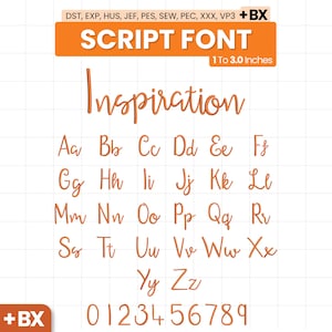 Puede incluir: Un conjunto de alfabeto de fuente de escritura bordada que incluye letras mayúsculas y minúsculas de la A a la Z y números del 0 al 9 en color naranja. El texto incluye formatos DST, EXP, HUS, JEF, PES, SEW, PEC, XXX, VP3, +BX y 1 a 3.0 pulgadas.