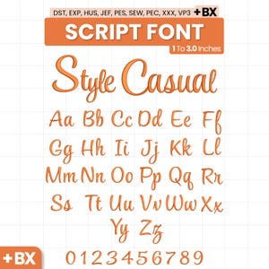 Peut inclure: Un ensemble d'alphabet de broderie numérique intitulé Style Casual avec des lettres et des chiffres orange de 0 à 9. Les formats de fichiers incluent DST, EXP, HUS, JEF, PES, SEW, PEC, XXX, VP3 et BX, avec des tailles de 2,5 à 7,6 cm.