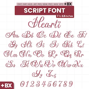 Puede incluir: Un conjunto de alfabeto de bordado digital titulado Script Font que incluye letras mayúsculas y minúsculas de la A a la Z y números del 0 al 9. Cada carácter está representado en un estilo cursivo rosa oscuro con corazones integrados.
