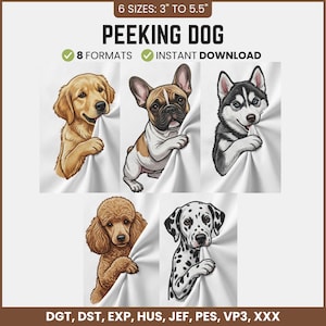 Peut inclure: Motif numérique avec cinq races de chiens : Golden Retriever, Bouledogue Français, Husky Sibérien, Caniche et Dalmatien. Chaque chien apparaît derrière un tissu blanc. Disponible en 6 tailles, de 7,6 cm à 14 cm. Texte : 'Peeking Dog'.