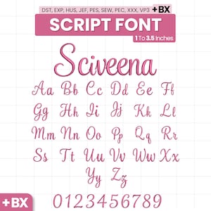 Peut inclure: Un ensemble d'alphabet de broderie numérique intitulé SCRIPT FONT, présentant des lettres et des chiffres roses en cursive de 0 à 9. Le texte inclut les formats DST, EXP, HUS, JEF, PES, SEW, PEC, XXX, VP3 et BX, avec une taille de 2,5 à 8,9 cm.
