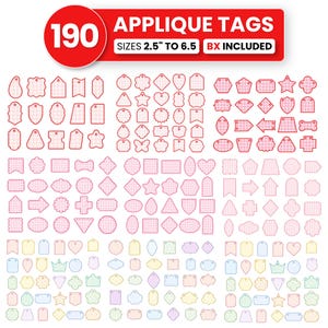 Könnte beinhalten: Eine Sammlung von 190 Applikationsanhängern in verschiedenen geometrischen und dekorativen Formen mit rosa Vichy-Karos, Streifen und Pastellmustern. Das obere Banner zeigt den Text 190 APPLIQUE TAGS SIZES 6,35 CM TO 16,51 CM BX INCLUDED.