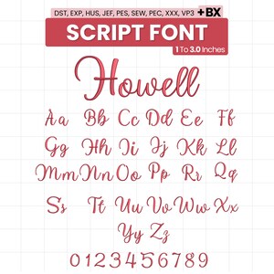 Puede incluir: Un alfabeto de fuente de escritura digital para bordado que incluye letras mayúsculas y minúsculas de la A a la Z y números del 0 al 9 en color rosa oscuro. El texto superior dice SCRIPT FONT 1 To 3.0 Inches con formatos DST, EXP, HUS, JEF, PES, SEW, PEC, XXX, VP3 +BX.