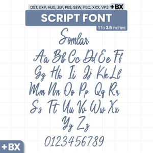 Peut inclure: Un ensemble d'alphabet de broderie numérique intitulé SCRIPT FONT, comprenant des lettres majuscules et minuscules A-Z et des chiffres 0-9 en style cursif. Les formats de fichiers sont DST, EXP, HUS, JEF, PES, SEW, PEC, XXX, VP3 et BX, tailles 1 à 3,5 pouces.