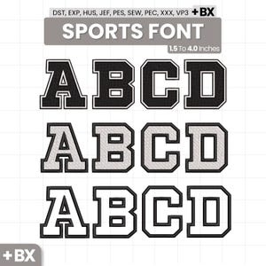Pode incluir: Um conjunto de designs de bordado digital intitulado SPORTS FONT apresentando as letras A, B, C e D em três variações: preto com contornos brancos, branco com contornos pretos e apenas contornos pretos. Inclui formatos DST, EXP, HUS, JEF, PES, SEW, PEC, XXX, VP3 e BX, com tamanhos de 1,5 a 4,0 polegadas.