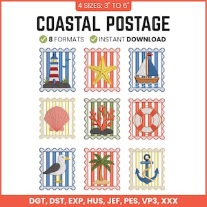 May include: Coastal Postage embroidery design set featuring nine rectangular postage stamp motifs with scalloped edges. Icons include a lighthouse, starfish, sailboat, seashell, coral, lifebuoy, seagull, palm tree, and anchor in 3 to 6 inch sizes.